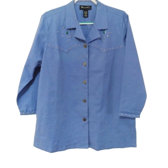 NWOT Denim & Co  Western Style Linen Blend Turquoise and Stud detail Shacket - Picture 1 of 9
